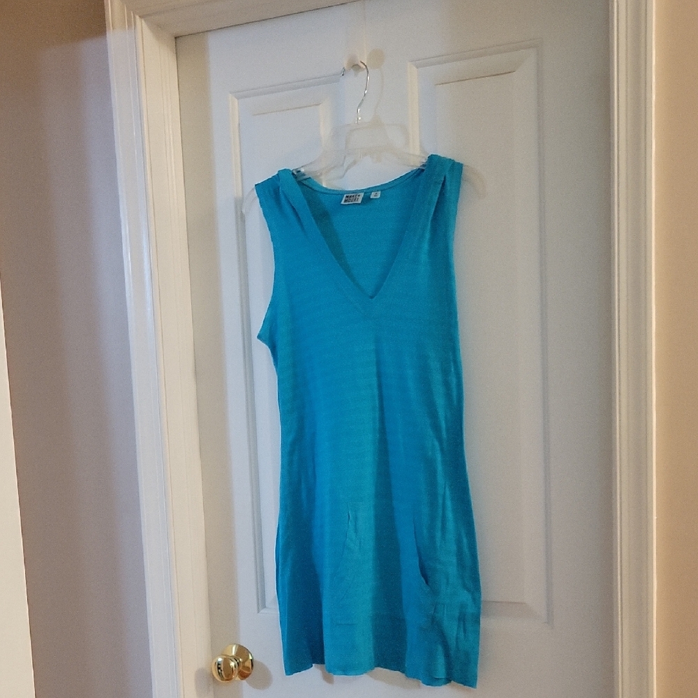 Make & Modal Teal Blue Striped Sleeveless V-Neck Coverup With Hood Medium